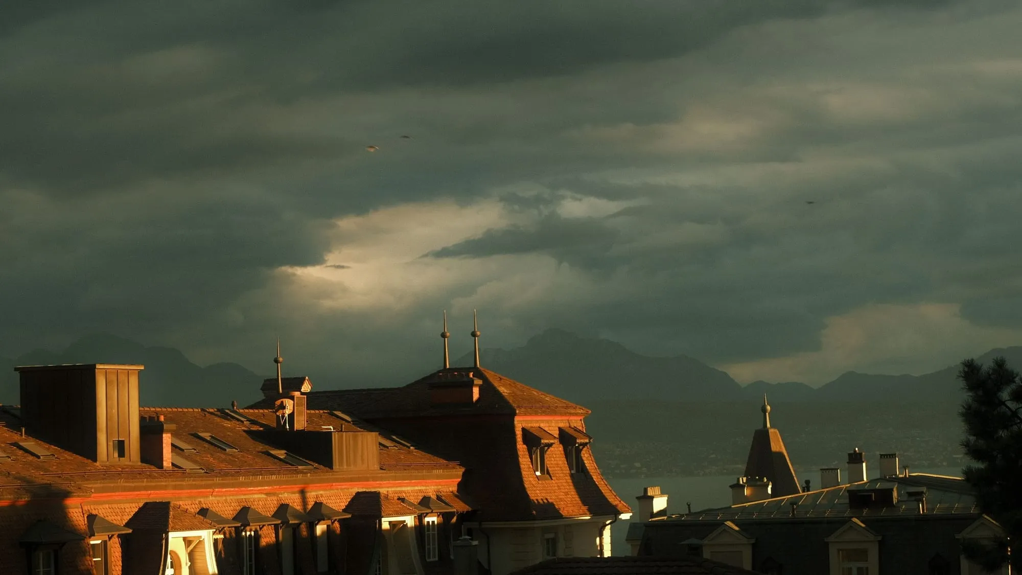 Dächer einer Stadt im Abendlicht unter dunklen Wolken